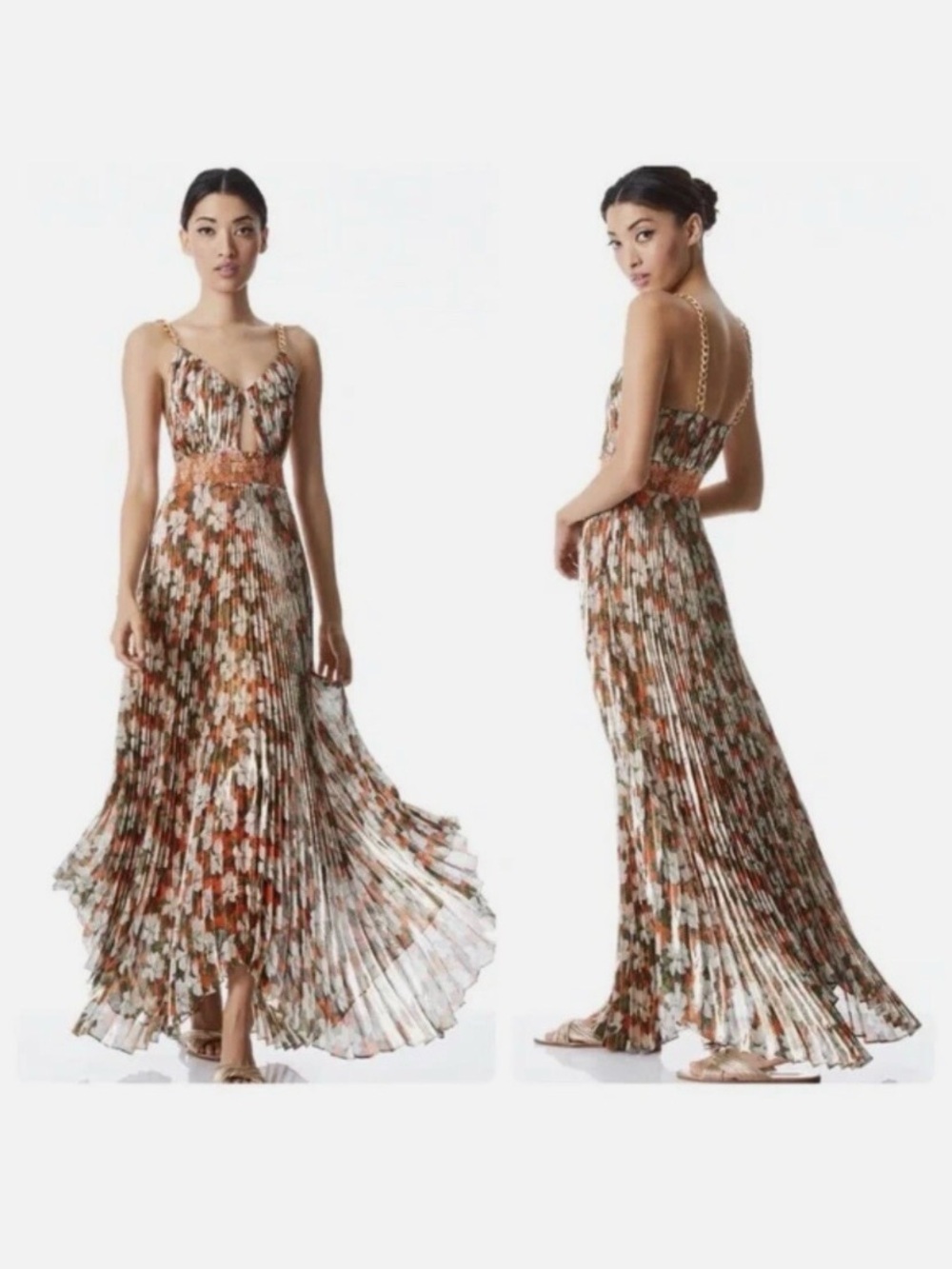 Alice + Olivia Gloria Chain-Strap Pleated Maxi Dress 🧡🤎